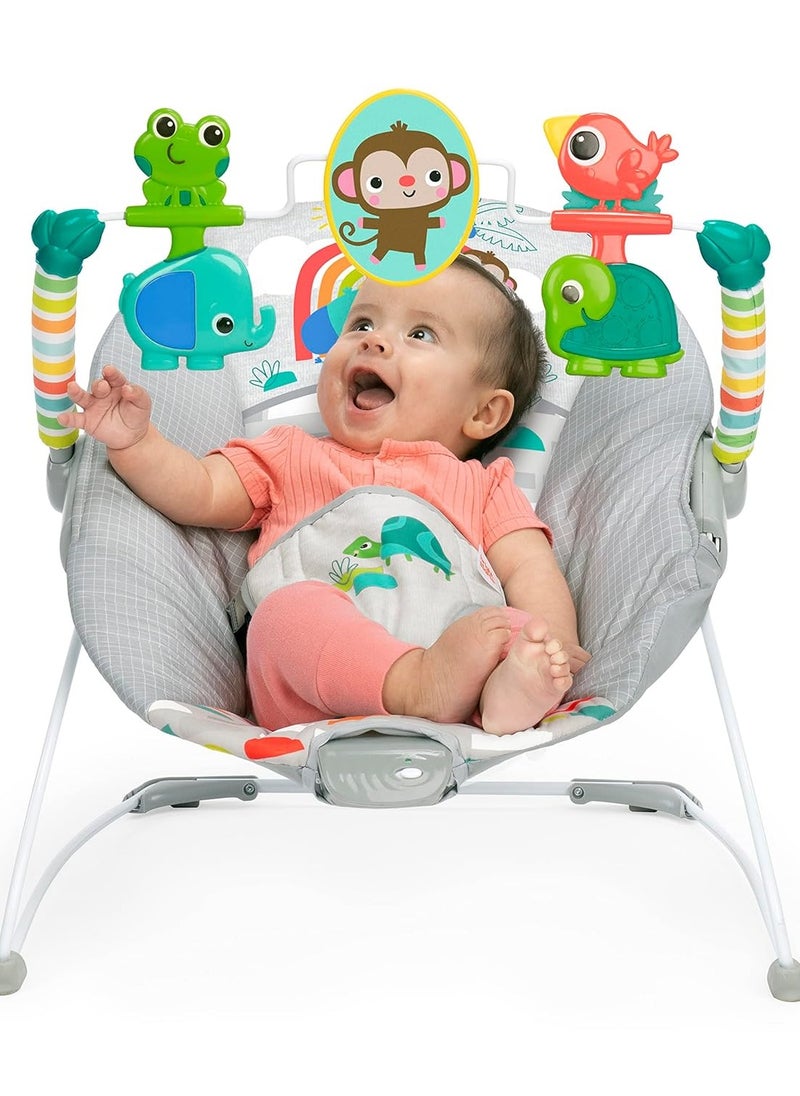 Bright Starts Playful Paradise Comfy Baby Bouncer Seat with Soothing Vibration and Toys, Unisex, 0-6 Months