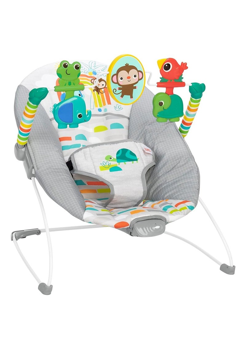 Bright Starts Playful Paradise Comfy Baby Bouncer Seat with Soothing Vibration and Toys, Unisex, 0-6 Months