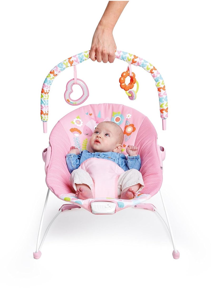 Bright Starts Baby Bouncer Soothing Vibrations Infant Seat - Removable -Toy Bar, Nonslip Feet, 0-6 Months Up to 20 lbs (Fancy Fantasy, Pink Unicorn)