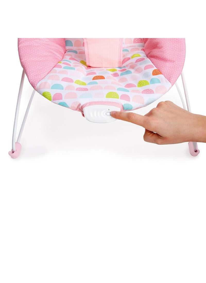 Bright Starts Baby Bouncer Soothing Vibrations Infant Seat - Removable -Toy Bar, Nonslip Feet, 0-6 Months Up to 20 lbs (Fancy Fantasy, Pink Unicorn)