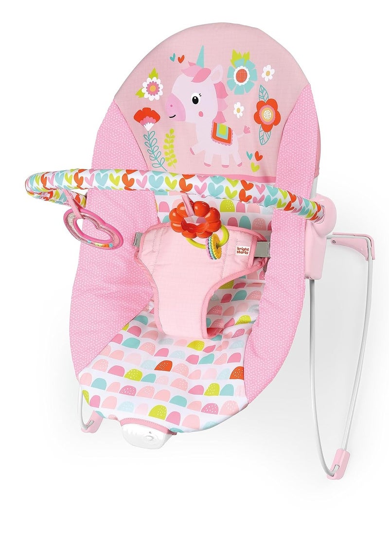 Bright Starts Baby Bouncer Soothing Vibrations Infant Seat - Removable -Toy Bar, Nonslip Feet, 0-6 Months Up to 20 lbs (Fancy Fantasy, Pink Unicorn)