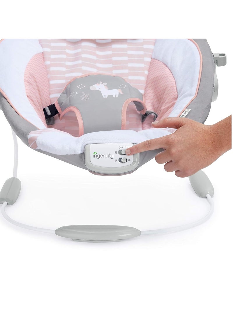 Ingenuity Soothing Baby Bouncer Infant Seat with Vibrations, -Toy Bar & Sounds, 0-6 Months Up to 20 lbs (Pink Flora the Unicorn)