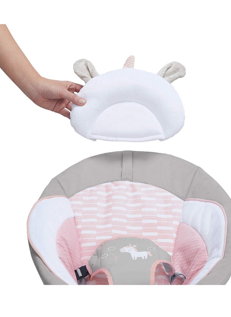 Ingenuity Soothing Baby Bouncer Infant Seat with Vibrations, -Toy Bar & Sounds, 0-6 Months Up to 20 lbs (Pink Flora the Unicorn)