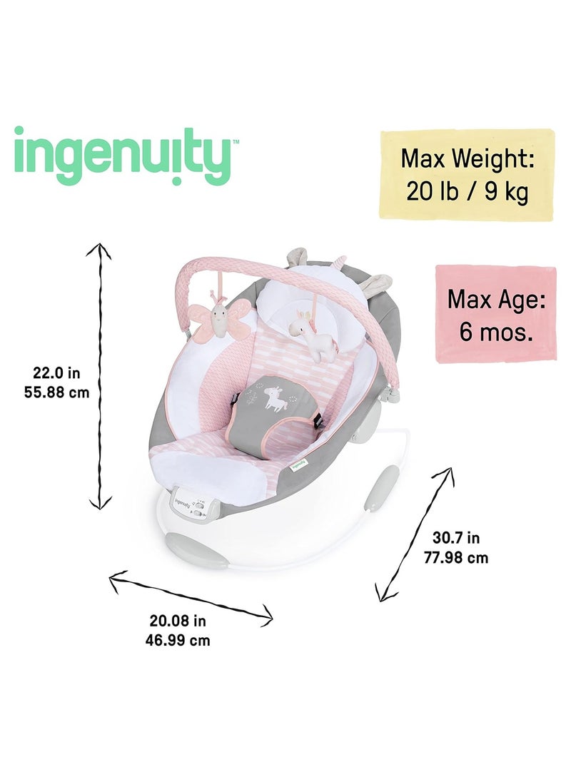 Ingenuity Soothing Baby Bouncer Infant Seat with Vibrations, -Toy Bar & Sounds, 0-6 Months Up to 20 lbs (Pink Flora the Unicorn)