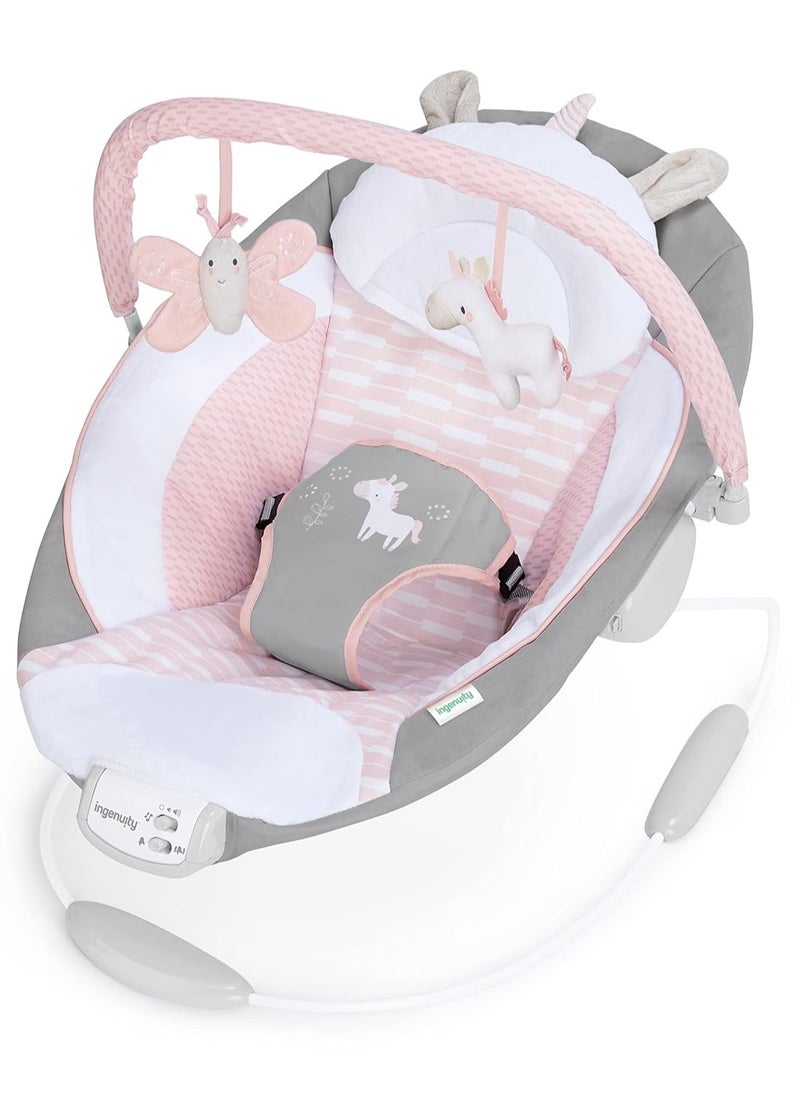 Ingenuity Soothing Baby Bouncer Infant Seat with Vibrations, -Toy Bar & Sounds, 0-6 Months Up to 20 lbs (Pink Flora the Unicorn)