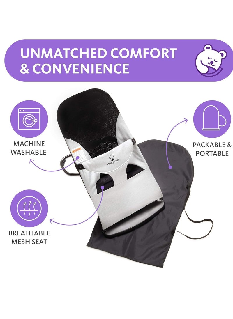 ComfyBumpy Ergonomic Baby Bouncer Seat - Bonus Travel Carry Case - Safe, Portable Bouncing Chair with Adjustable Height Positions - Infant Sleeper Bouncy Seat Perfect for Newborn Babies (Grey)