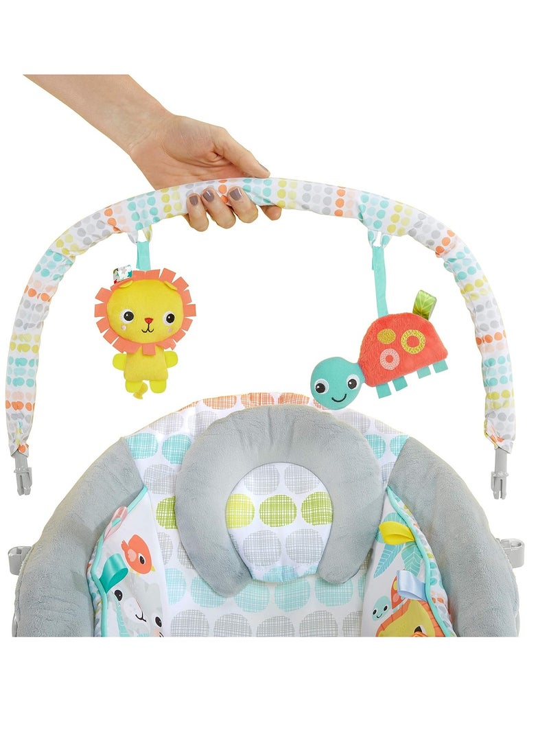 Bright Starts Comfy Baby Bouncer Soothing Vibrations Infant Seat - Taggies, Music, Removable -Toy Bar, 0-6 Months Up to 20 lbs (Whimsical Wild)