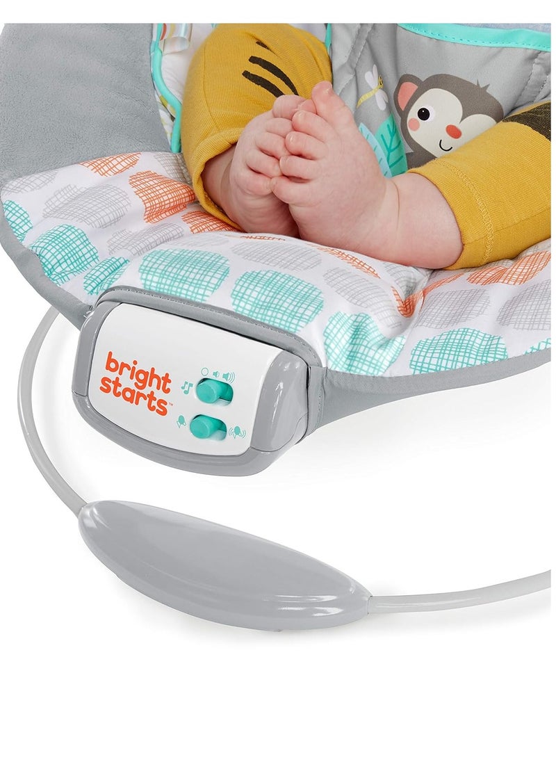 Bright Starts Comfy Baby Bouncer Soothing Vibrations Infant Seat - Taggies, Music, Removable -Toy Bar, 0-6 Months Up to 20 lbs (Whimsical Wild)