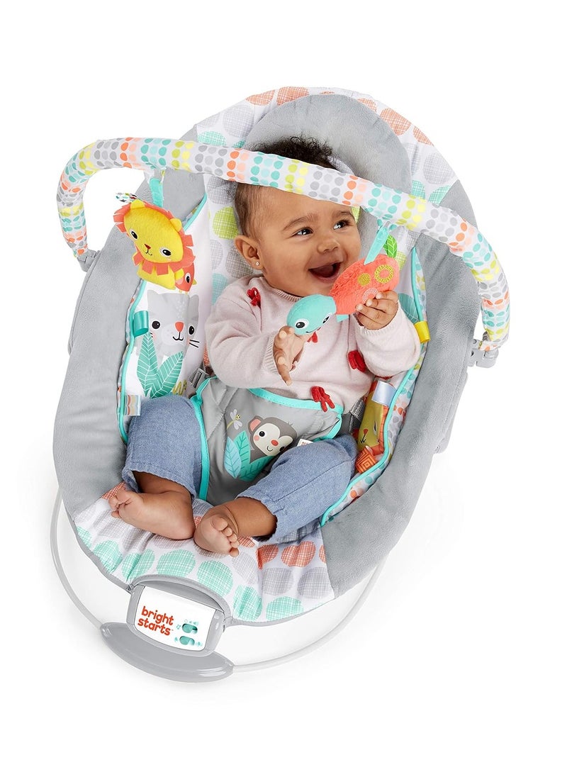 Bright Starts Comfy Baby Bouncer Soothing Vibrations Infant Seat - Taggies, Music, Removable -Toy Bar, 0-6 Months Up to 20 lbs (Whimsical Wild)