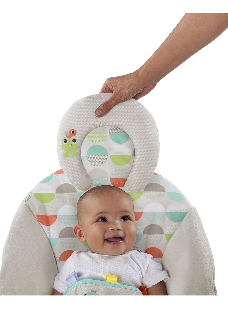 Bright Starts Baby Bouncer Soothing Vibrations Infant Seat - Taggies, Music, Removable -Toy Bar, 0-6 Months Up to 20 lbs (Happy Safari)