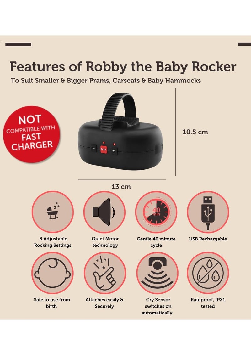 Zazu Robby Baby Rocker - Automatic Stroller Soothing Device, Adjustable Intensity, Cry Detection, Long-Lasting Rechargeable Battery, Weatherproof, Fits All Strollers