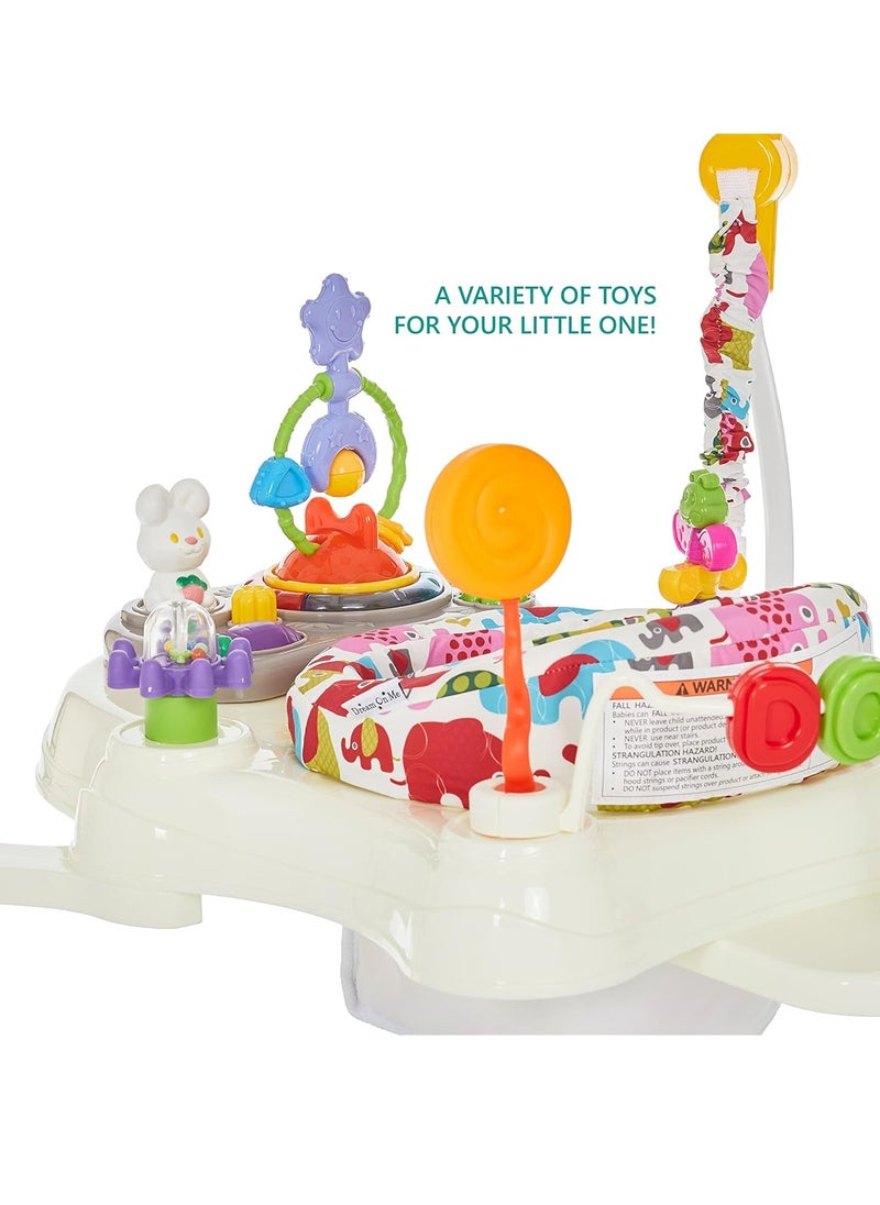 Dream On Me Zany 2-in-1 Baby Activity Center and Bouncer in Elephant Print, Sturdy and Strong Frame, 3 Height Positions, 360° Rotating Seat, 12 Songs with Flash Lights