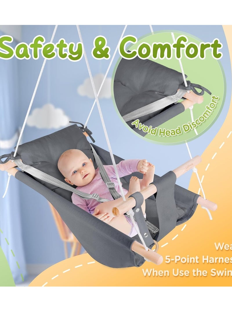 Baby Swing for Baby and Toddler, Canvas Baby Hammock Swing Indoor and Outdoor with Safety Belt and Mounting Hardware, Wooden Hanging Swing Seat Chair for Baby up to 3 Years - Grey