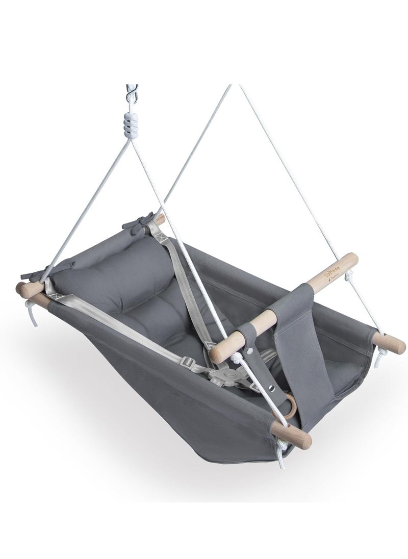 Baby Swing for Baby and Toddler, Canvas Baby Hammock Swing Indoor and Outdoor with Safety Belt and Mounting Hardware, Wooden Hanging Swing Seat Chair for Baby up to 3 Years - Grey