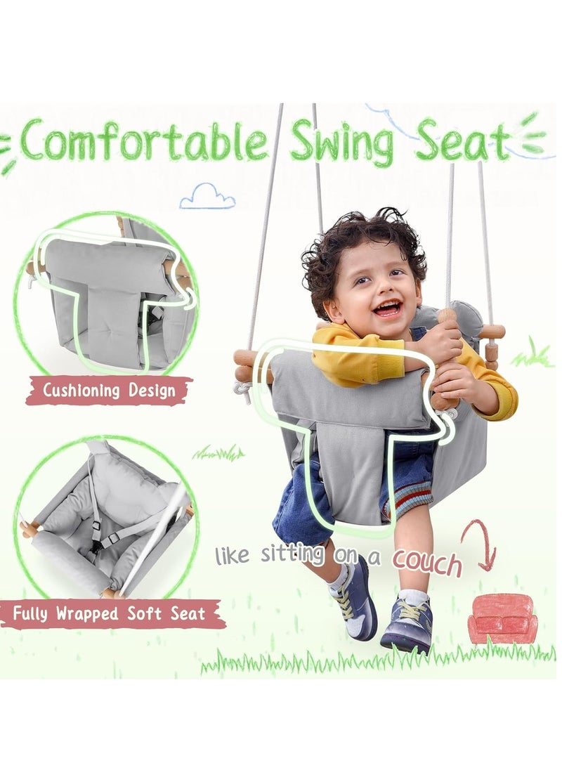 Baby Swing Outdoor Indoor, Secure Canvas Baby Swing,Wooden Baby Hanging Swing for Infant,Toddler Swing Seat,3-Point Adjustable Safety Harness,Mounting Hardware Included,Gift for Baby Boys Girls,Grey