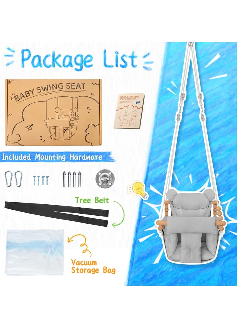 Baby Swing Outdoor Indoor, Secure Canvas Baby Swing,Wooden Baby Hanging Swing for Infant,Toddler Swing Seat,3-Point Adjustable Safety Harness,Mounting Hardware Included,Gift for Baby Boys Girls,Grey