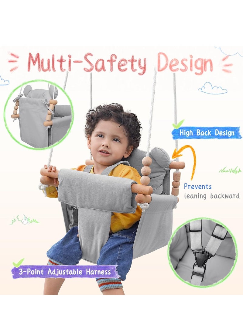 Baby Swing Outdoor Indoor, Secure Canvas Baby Swing,Wooden Baby Hanging Swing for Infant,Toddler Swing Seat,3-Point Adjustable Safety Harness,Mounting Hardware Included,Gift for Baby Boys Girls,Grey