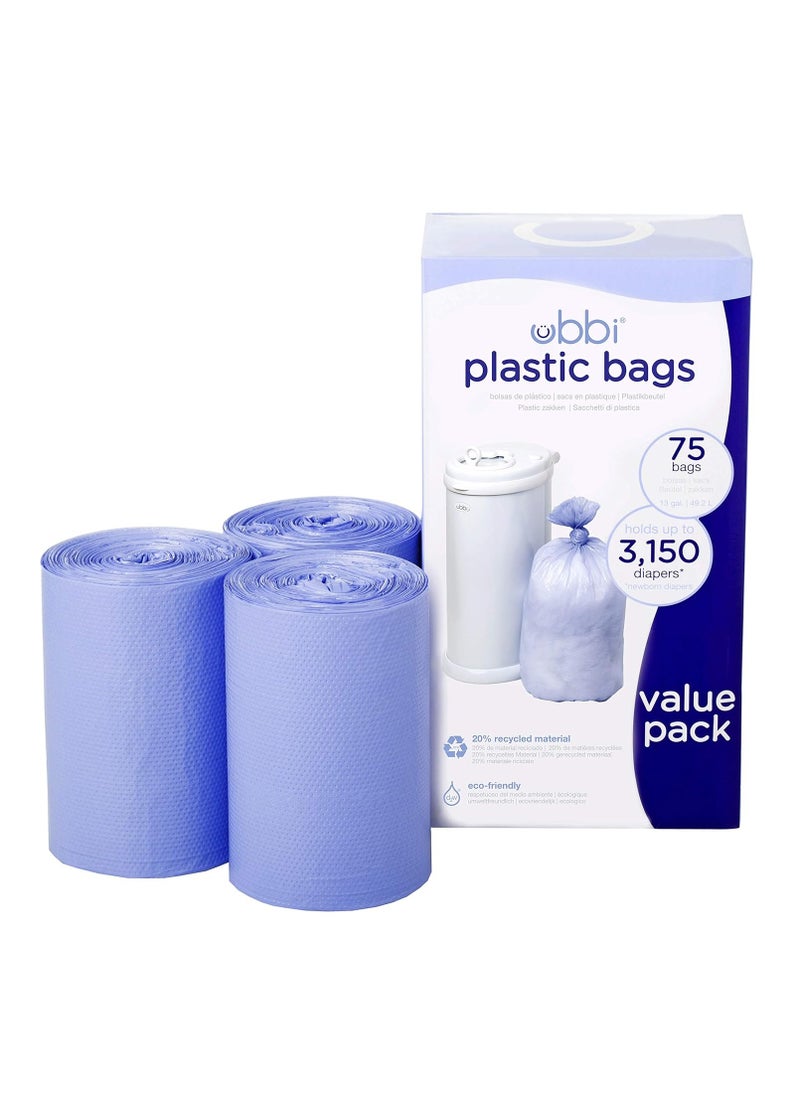 Ubbi Diaper Pail Plastic Bags, Disposable Baby Waste Bags, 3 Pack, 75 Count, 13-Gallon Bags