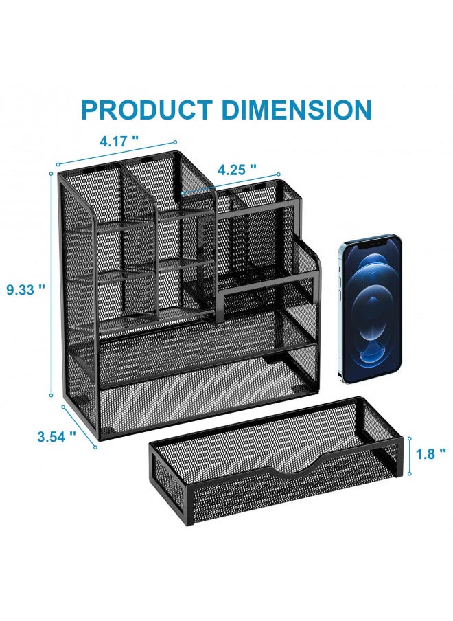 Marbrasse Mesh Pen Holder for Desk, Desk Organizer with Drawer, Multi-Functional Pencil Organizer, Desk Organizers and Accessories for Office Art Supplies (Black)