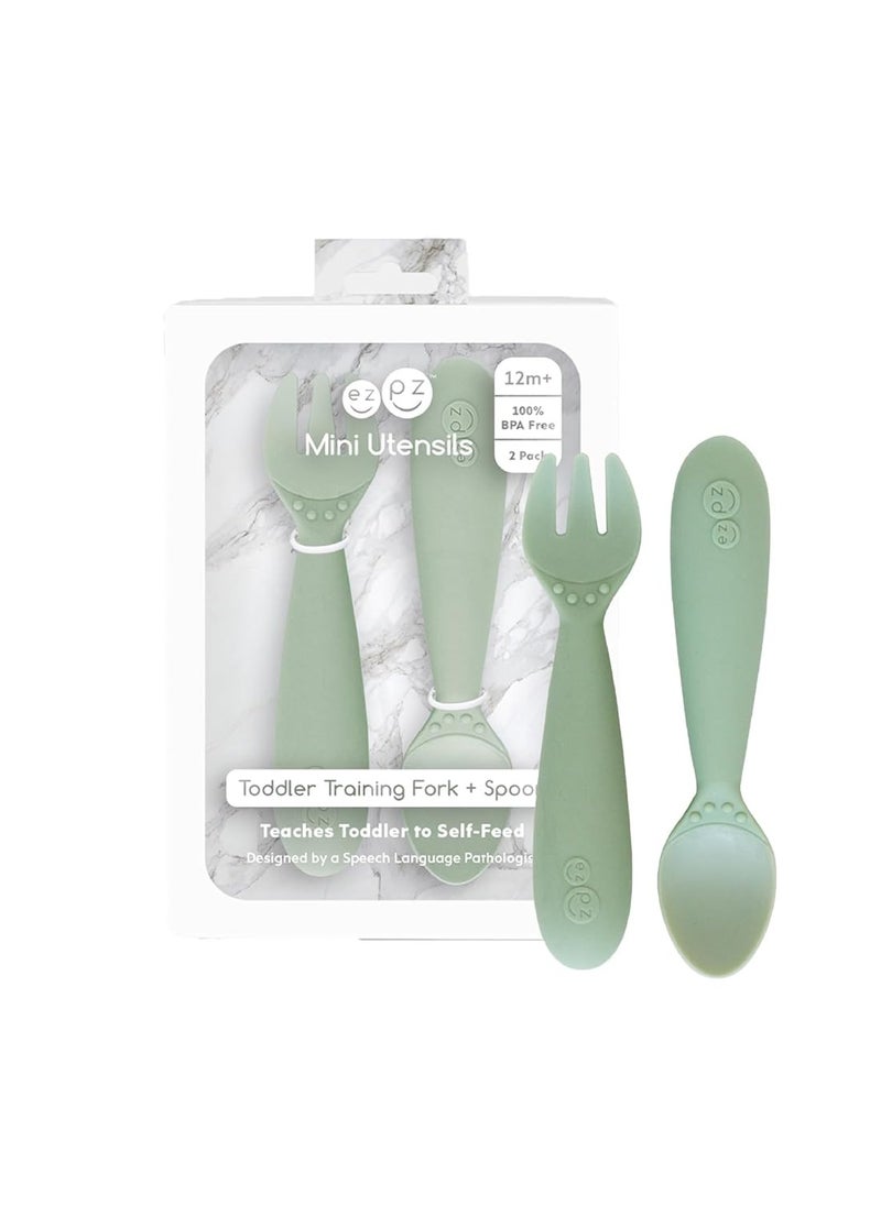 Baby Mini Fork And Spoon Set, Kids Cutlery Set With Case - 12M+ - Sage