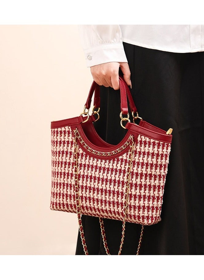 Red Bag Women's Large Capacity Thousand Bird Plaid Handbag Stylish Wedding Bag Women's Bride's New Year Gift Single Shoulder Wedding Bag