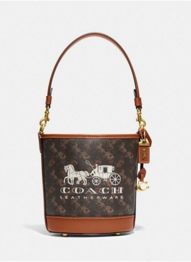 COACH Women's Light Luxury Carriage Pattern Printed DAKOTA 16 Size Bucket Bag (Brown)