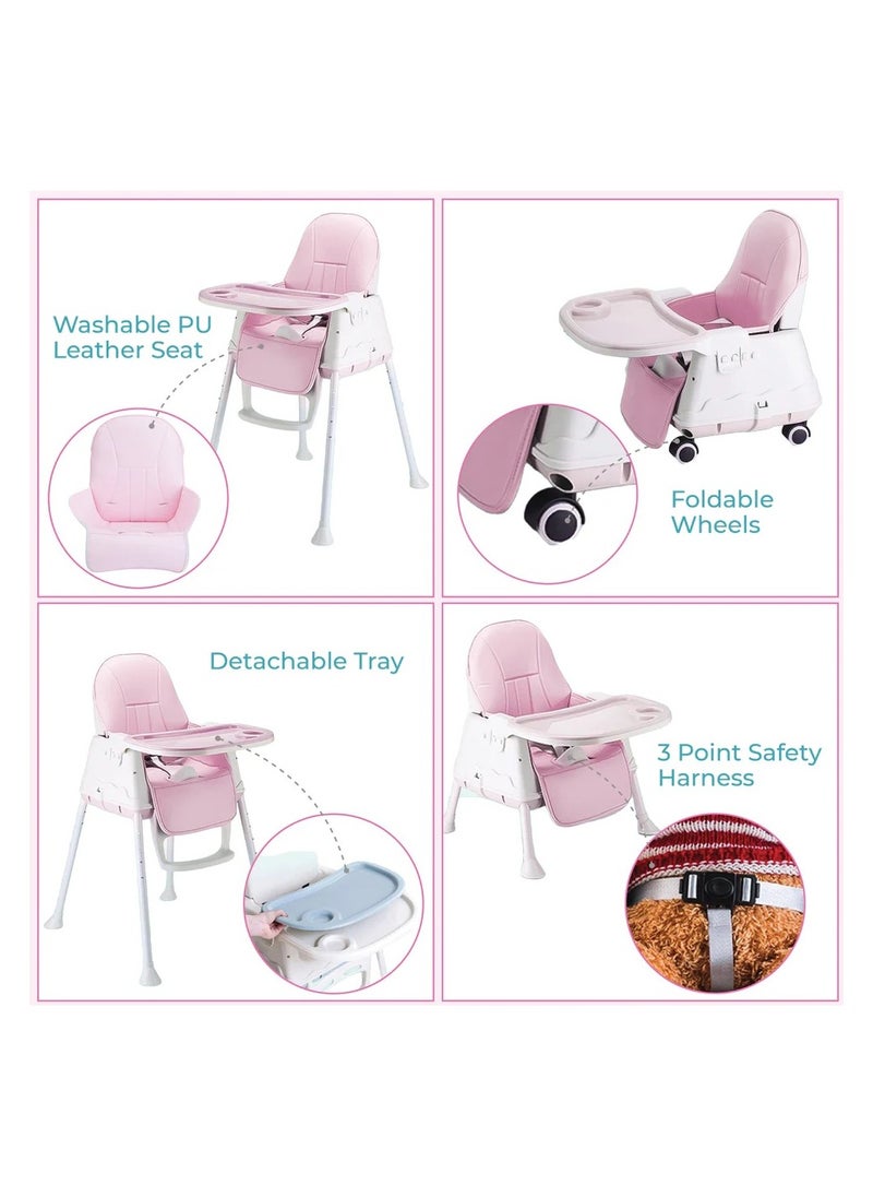 Polka Tots 3-in-1 High Chair with Wheel and Cushion - Pink