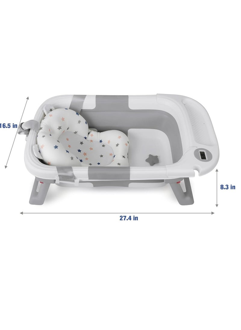 PandaEar Baby Bathtub for Newborn Infant, Collapsible Baby Infant Bath Tub Toddler Travel Bathtub with Soft Cushion & Drain Hole for Toddler 0-24 Months (Gray)