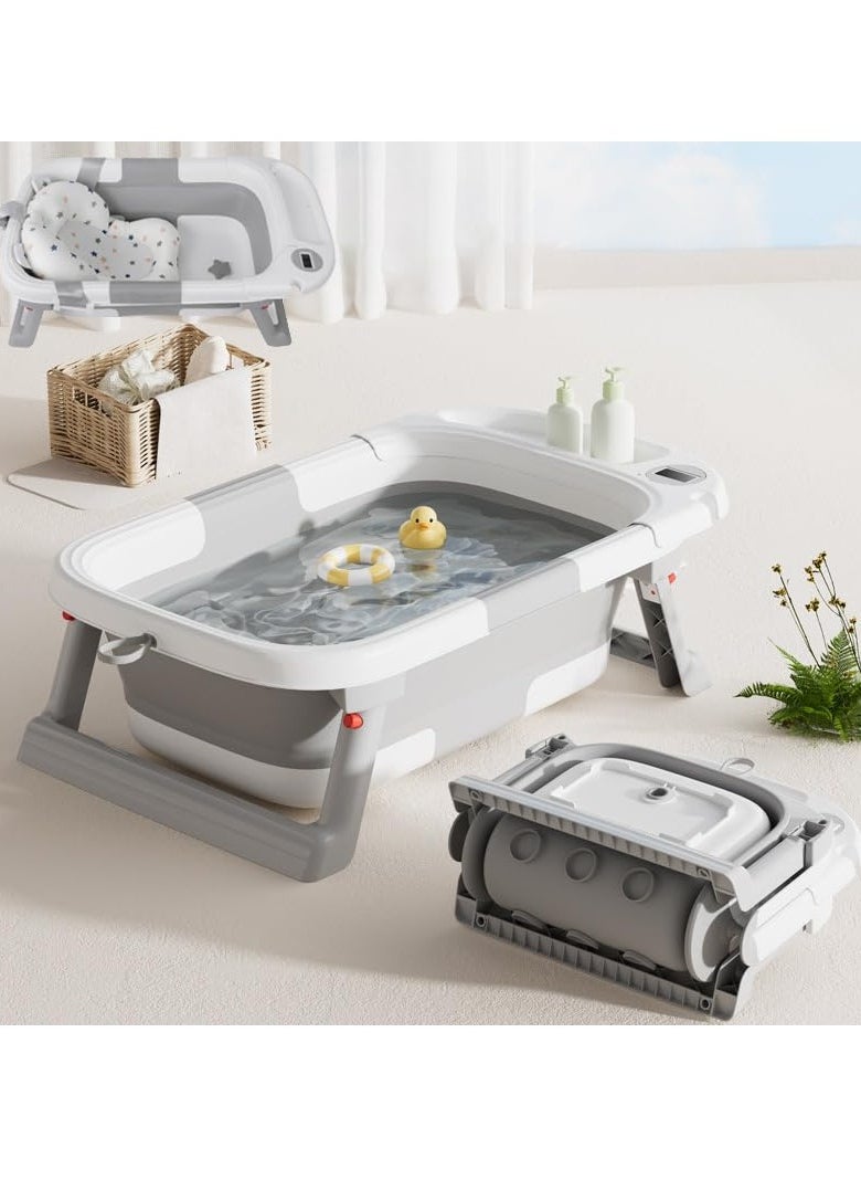 PandaEar Baby Bathtub for Newborn Infant, Collapsible Baby Infant Bath Tub Toddler Travel Bathtub with Soft Cushion & Drain Hole for Toddler 0-24 Months (Gray)