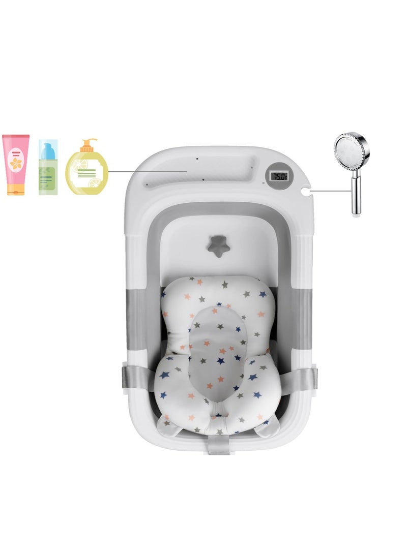 PandaEar Baby Bathtub for Newborn Infant, Collapsible Baby Infant Bath Tub Toddler Travel Bathtub with Soft Cushion & Drain Hole for Toddler 0-24 Months (Gray)