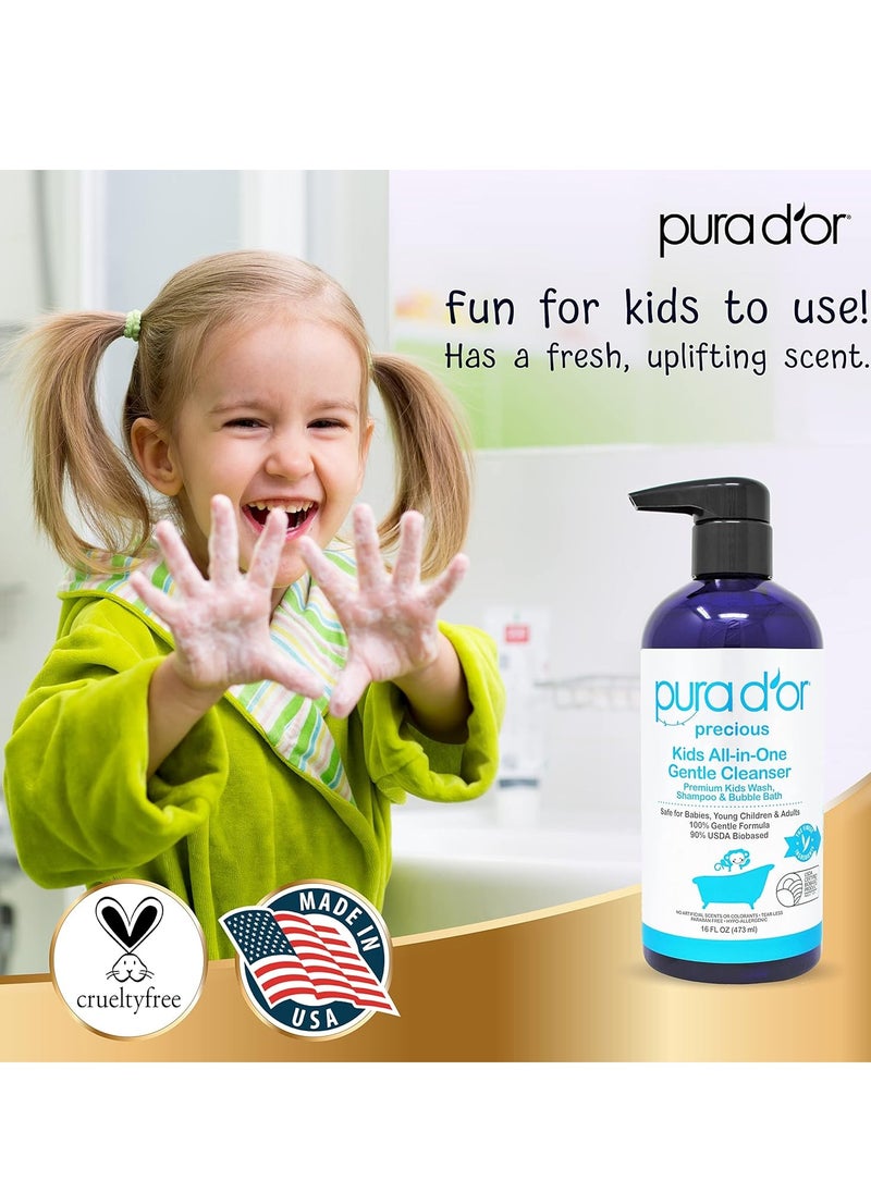 PURA D'OR 16 Oz Kids Wash - All-in-One Gentle Cleanser - USDA Biobased, Sulfate-Free, Tear-Less, Hypoallergenic, Premium, Shampoo & Bubble Bath