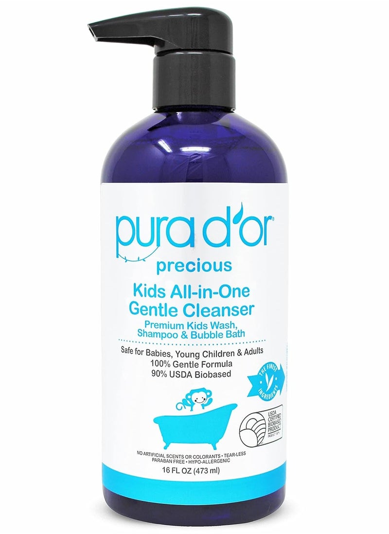 PURA D'OR 16 Oz Kids Wash - All-in-One Gentle Cleanser - USDA Biobased, Sulfate-Free, Tear-Less, Hypoallergenic, Premium, Shampoo & Bubble Bath