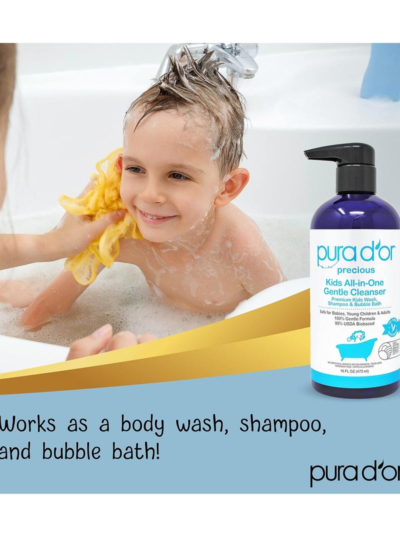 PURA D'OR 16 Oz Kids Wash - All-in-One Gentle Cleanser - USDA Biobased, Sulfate-Free, Tear-Less, Hypoallergenic, Premium, Shampoo & Bubble Bath