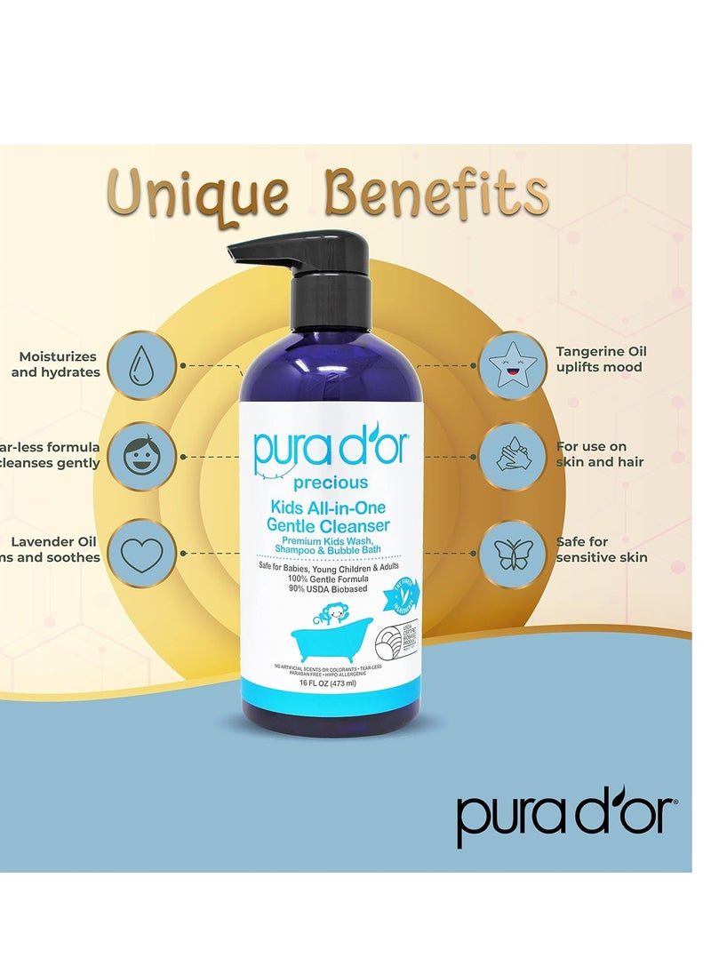 PURA D'OR 16 Oz Kids Wash - All-in-One Gentle Cleanser - USDA Biobased, Sulfate-Free, Tear-Less, Hypoallergenic, Premium, Shampoo & Bubble Bath