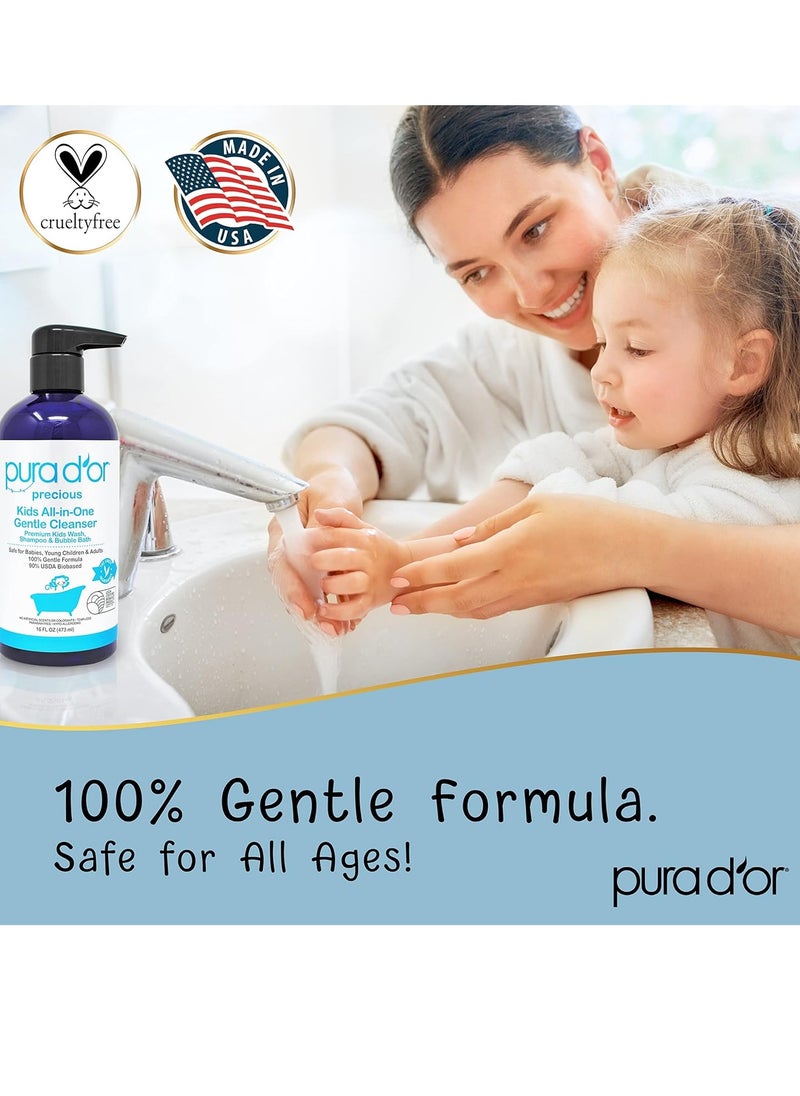 PURA D'OR 16 Oz Kids Wash - All-in-One Gentle Cleanser - USDA Biobased, Sulfate-Free, Tear-Less, Hypoallergenic, Premium, Shampoo & Bubble Bath