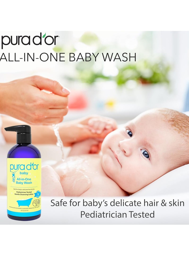 PURA D'OR All-in-One Baby Wash (16 Oz x3 = 48 Oz) USDA Biobased, Zero Sulfates, No Artificial Scents, Tear-Less, Hypoallergenic, Gentle, Calming 2-in-1 Baby Bath Wash & Shampoo