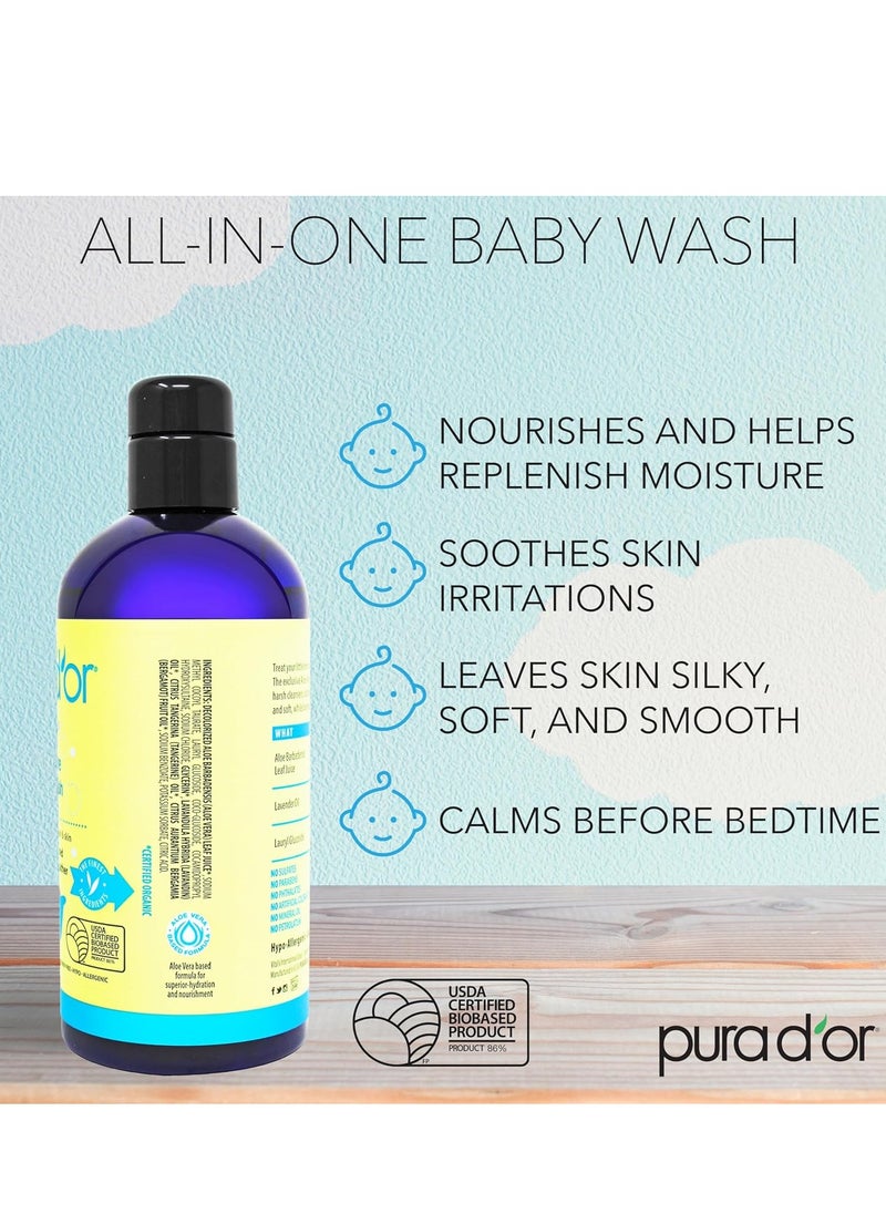 PURA D'OR All-in-One Baby Wash (16 Oz x3 = 48 Oz) USDA Biobased, Zero Sulfates, No Artificial Scents, Tear-Less, Hypoallergenic, Gentle, Calming 2-in-1 Baby Bath Wash & Shampoo