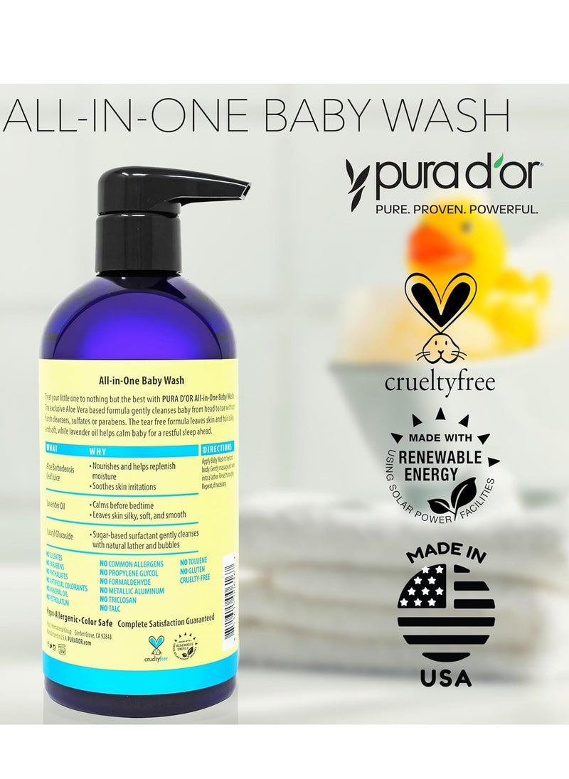 PURA D'OR All-in-One Baby Wash (16 Oz x3 = 48 Oz) USDA Biobased, Zero Sulfates, No Artificial Scents, Tear-Less, Hypoallergenic, Gentle, Calming 2-in-1 Baby Bath Wash & Shampoo