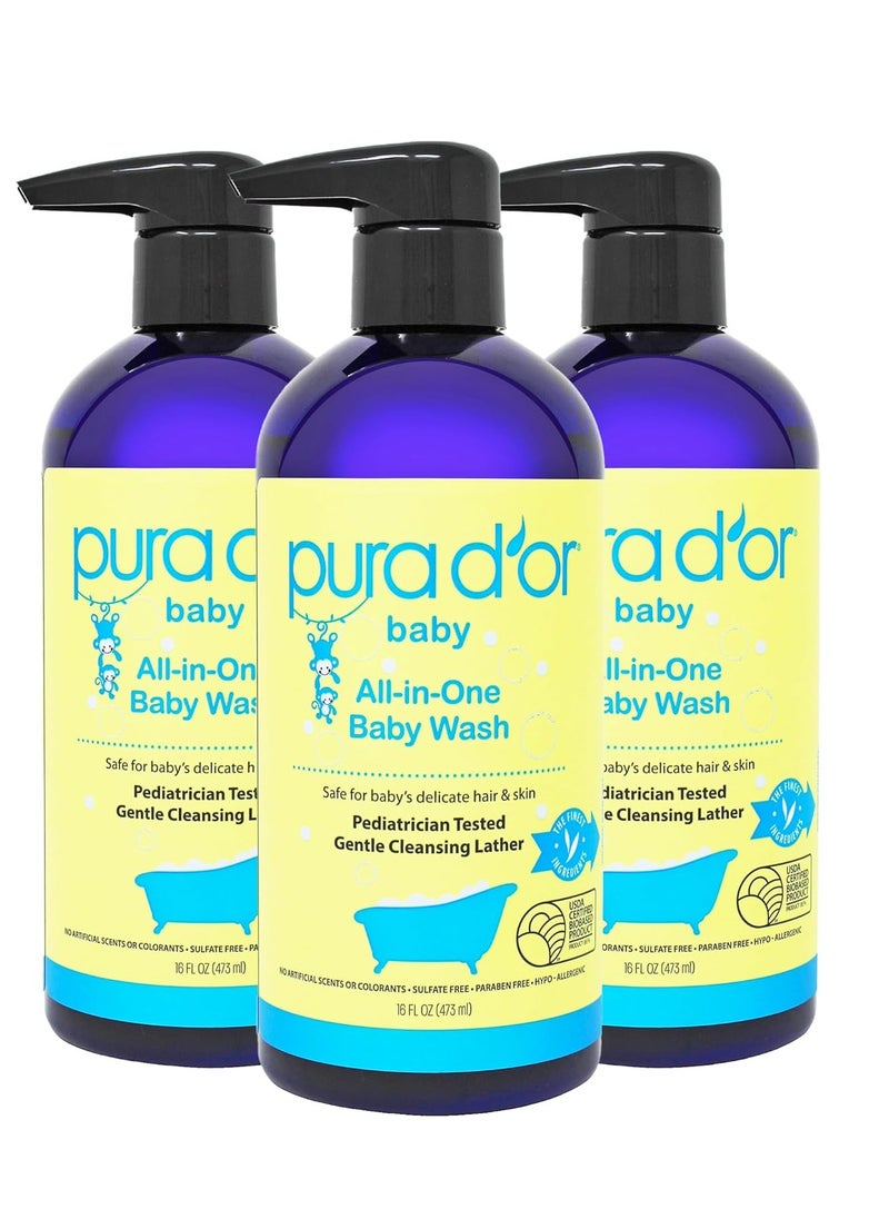 PURA D'OR All-in-One Baby Wash (16 Oz x3 = 48 Oz) USDA Biobased, Zero Sulfates, No Artificial Scents, Tear-Less, Hypoallergenic, Gentle, Calming 2-in-1 Baby Bath Wash & Shampoo