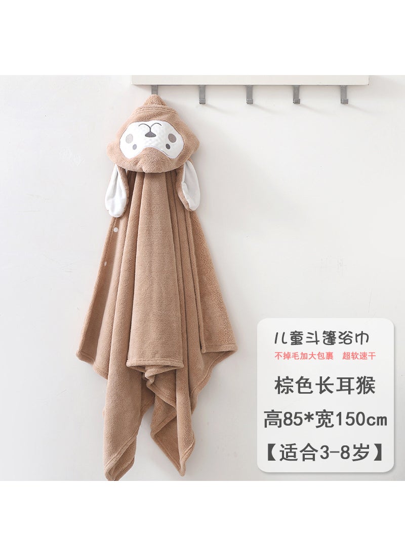 Kids Hooded Bath Towel Wrap Soft Quick-Dry Brown monkey 85*150cm [super soft and thickened with square scarf] suitable for 3-8 years old