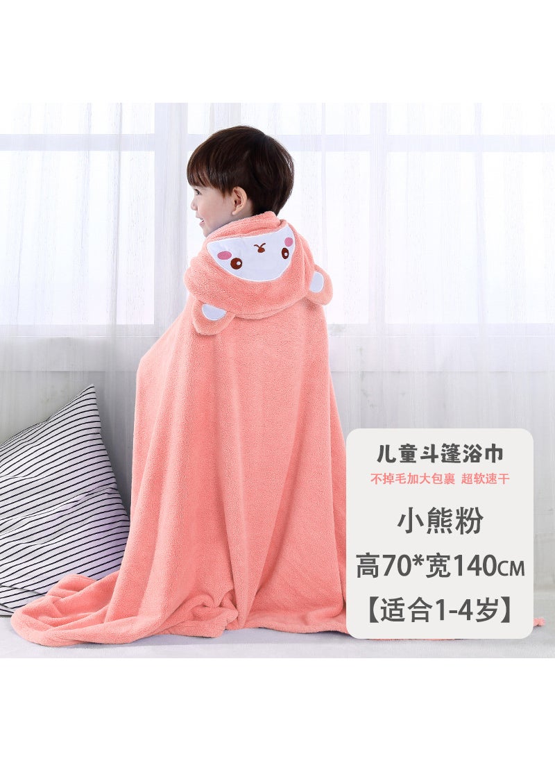 Kids Hooded Bath Towel Wrap Soft Quick-Dry Pink bear 70*140cm [super soft and thickened with square scarf] suitable for 1-4 years old