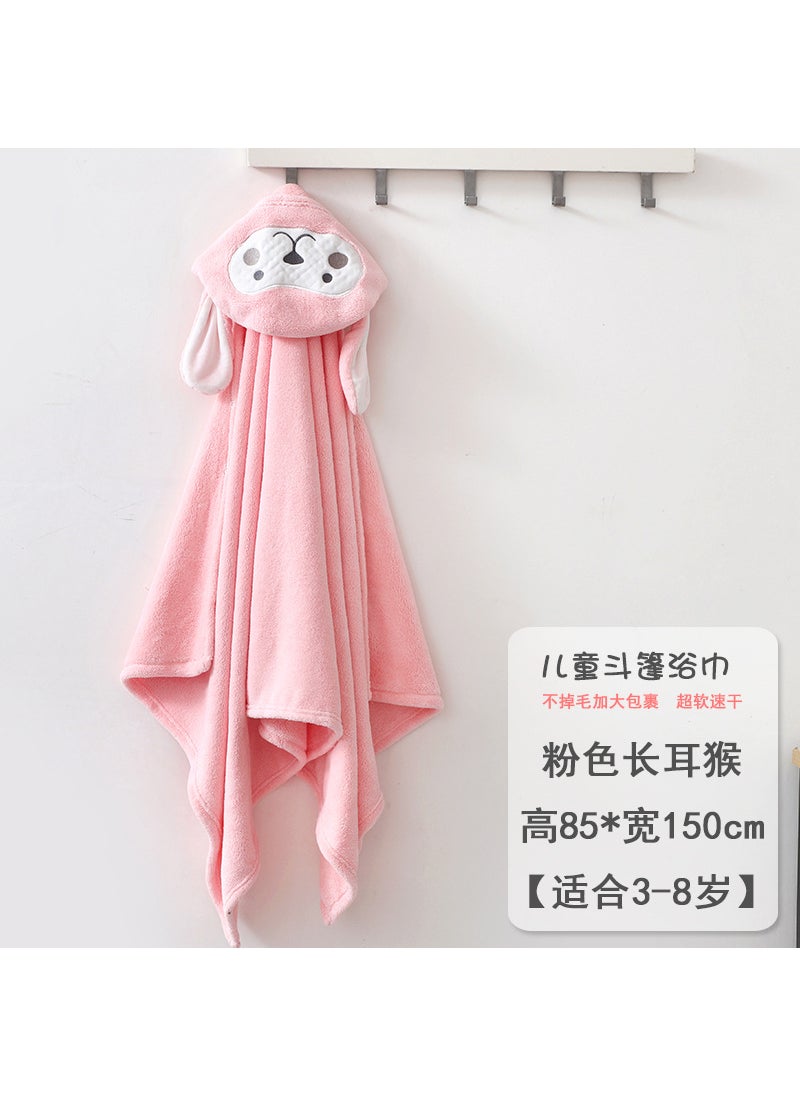 Kids Hooded Bath Towel Wrap Soft Quick-Dry Pink monkey 85*150cm [super soft and thickened with square scarf] suitable for 3-8 years old