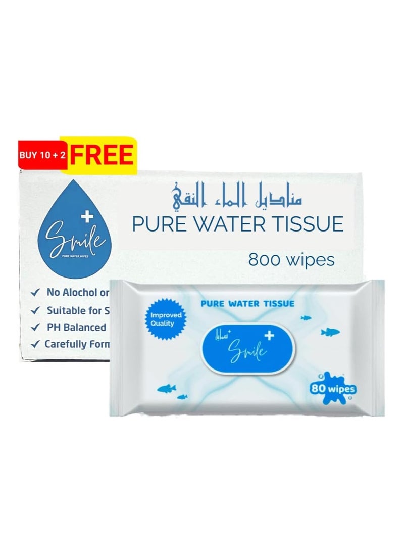 SmilePlus Pure Water Tissue 80'S - Gentle Hypoallergenic Wipes for Sensitive Skin - Fragrance Free & Alcohol-Free - Pure Water - SPECIAL OFFER 10 + 2 FREE - 800 Wipes