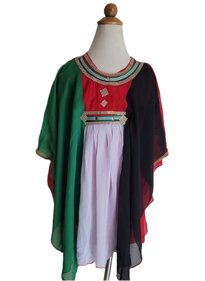 UAE Flag Traditional Girls Dress, Butterfly Dress, Kaftan, Jalabiya with Golden Head Chain for UAE National Day Celebration