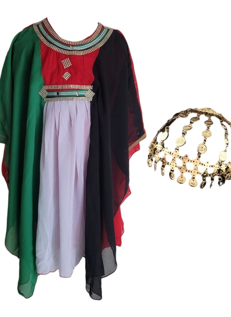 UAE Flag Traditional Girls Dress, Butterfly Dress, Kaftan, Jalabiya with Golden Head Chain for UAE National Day Celebration