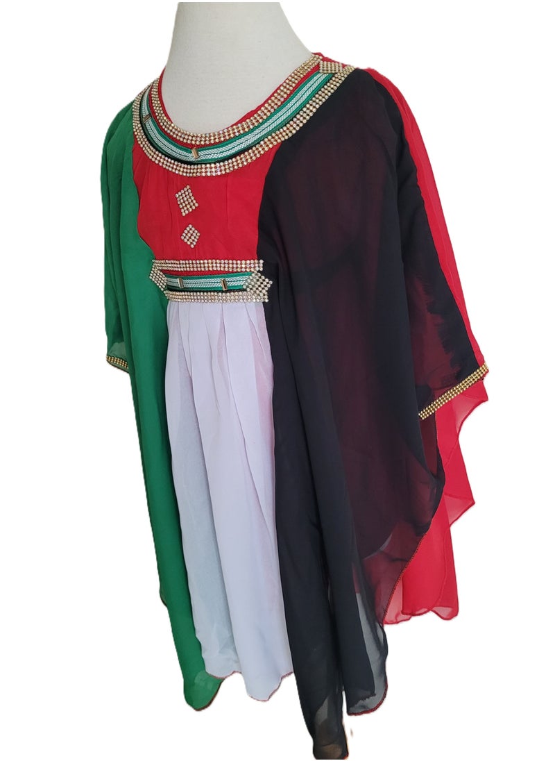 UAE Flag Traditional Girls Dress, Butterfly Dress, Kaftan, Jalabiya with Golden Head Chain for UAE National Day Celebration