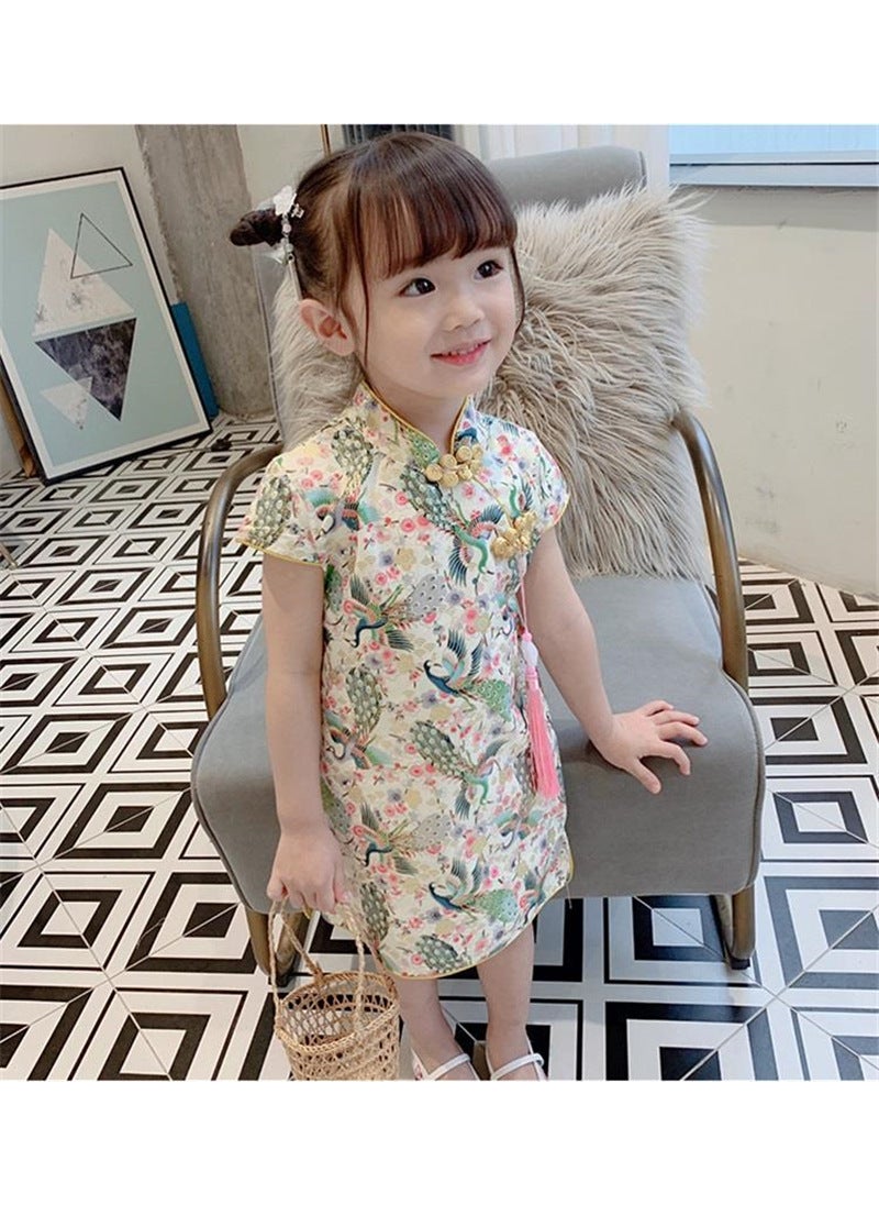 Girls Summer Qipao Dress Slim Fit Princess Retro Peacock