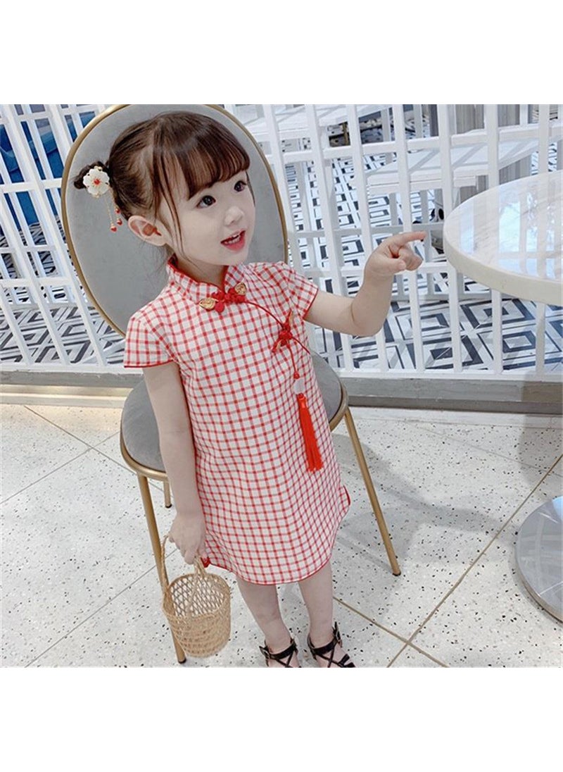 Girls Summer Qipao Dress Slim Fit Princess Retro RED CHECK