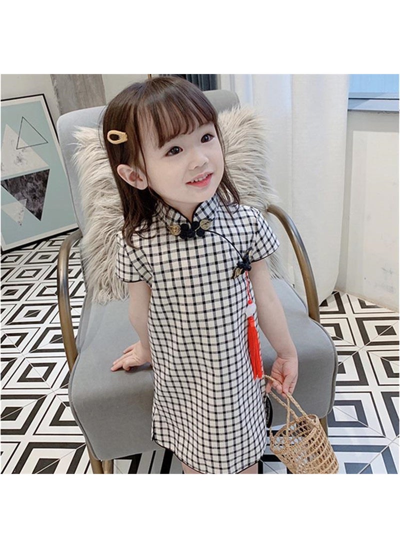 Girls Summer Qipao Dress Slim Fit Princess Retro Black Plaid