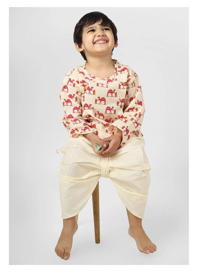 Polka Tots Full Sleeves Camel Print Angrakha Top With Dhoti - Cream (0M - 3M)